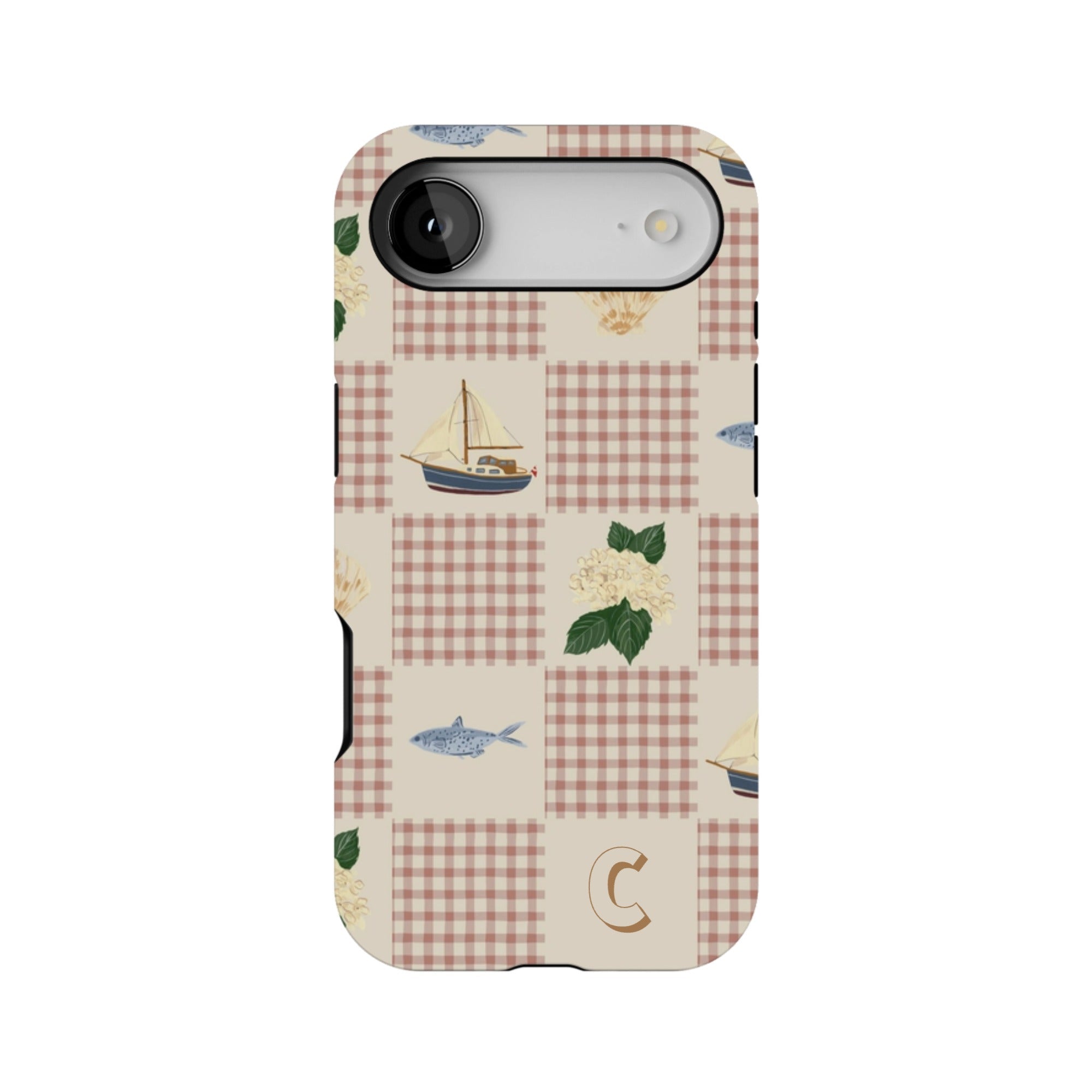 Coastal personalized iPhone case featuring a sailboat, fish, and floral patterns on a beige checkered background.