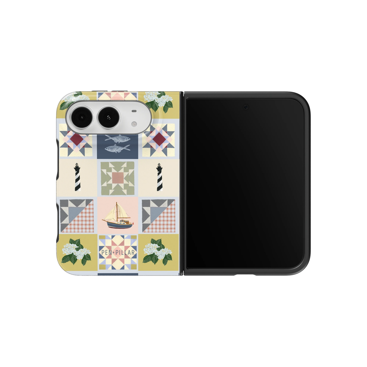 Coastal Quilt iPhone 18 Duo case on an unfolded iPhone 18 Duo, back and screen side by side: quilt blocks with sailboats, fish, a lighthouse and hydrangeas in navy, sage and blush