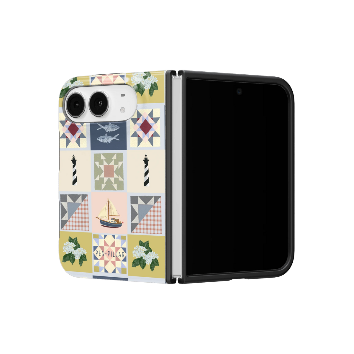 Coastal Quilt iPhone 18 Duo case on a half-open iPhone 18 Duo, angled view