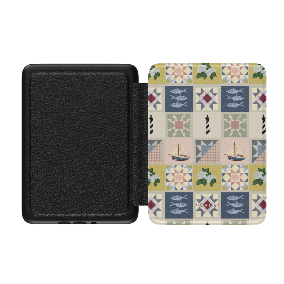 Open Kindle case with a black textured interior and a quilt pattern exterior featuring fish, boats, and PEN + PILLAR text.