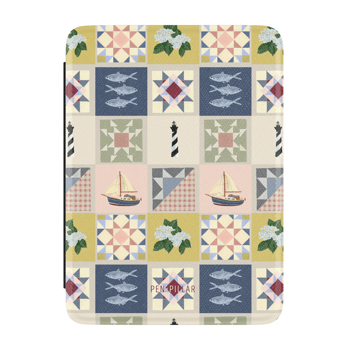 Rectangular Kindle case with a quilt pattern featuring lighthouses, sailboats, fish, and flowers. PEN + PILLAR printed on ...