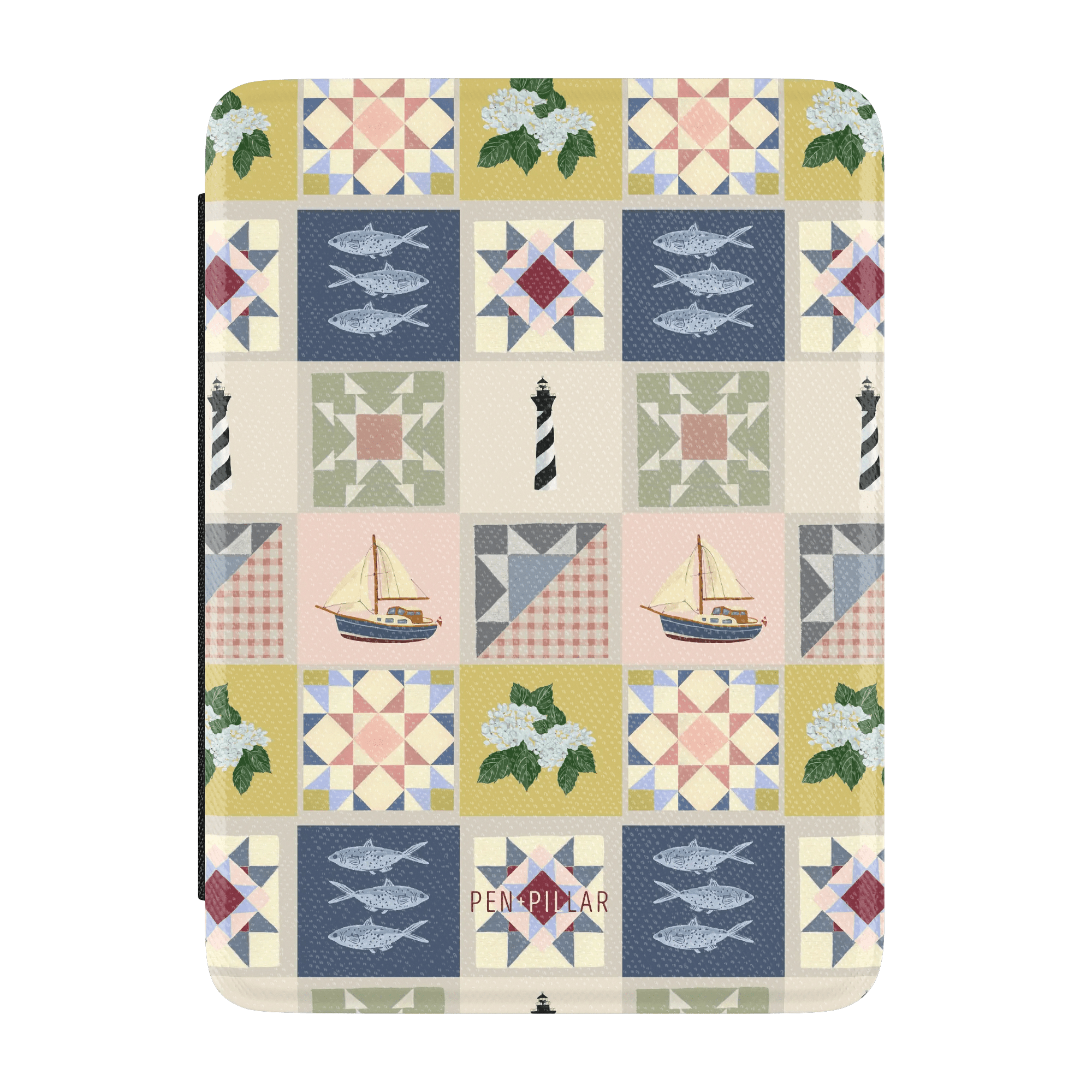 Rectangular Kindle case with a quilt pattern featuring lighthouses, sailboats, fish, and flowers. PEN + PILLAR printed on ...