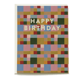 Colorblock birthday card featuring a multicolored geometric pattern with "Happy Birthday" text in white.