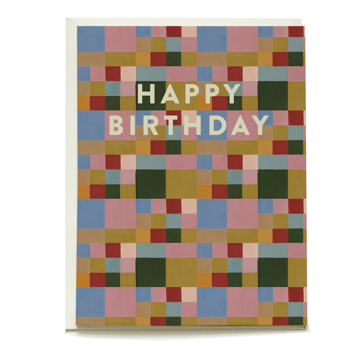 Colorblock birthday card featuring a multicolored geometric pattern with "Happy Birthday" text in white.