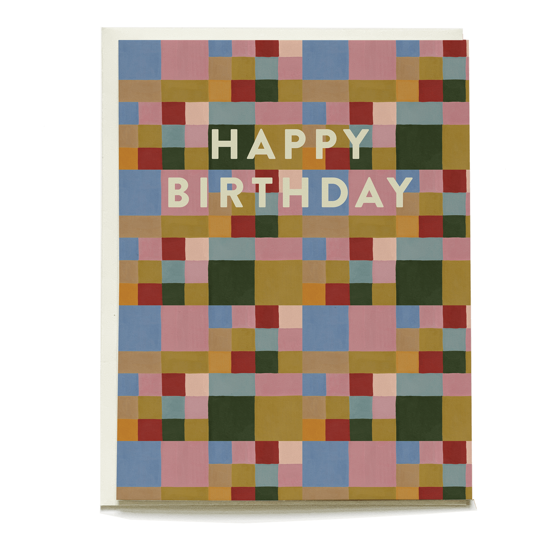 Colorblock birthday card featuring a multicolored geometric pattern with "Happy Birthday" text in white.