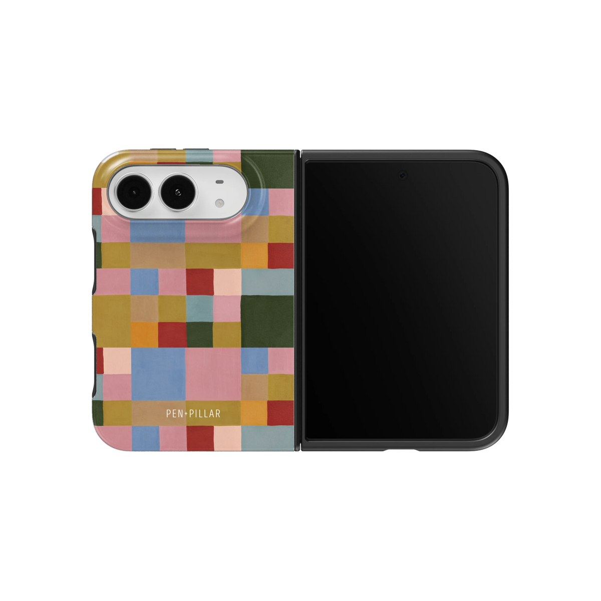 Colorblock iPhone 18 Duo case on an unfolded iPhone 18 Duo, back and screen side by side: painterly squares in blush, sky blue, mustard, rust and forest green