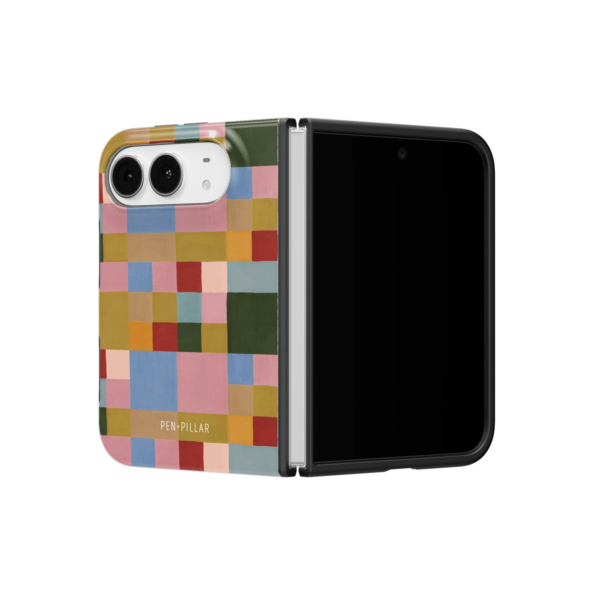 Colorblock iPhone 18 Duo case on a half-open iPhone 18 Duo, angled view