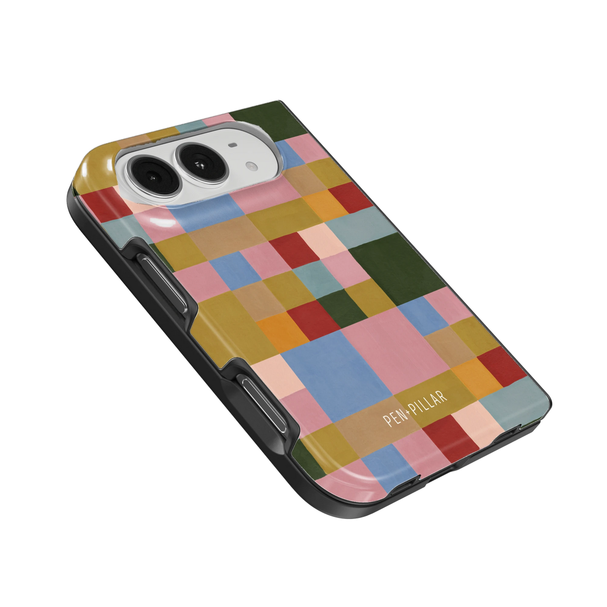 Colorblock iPhone 18 Duo case, angled view showing the camera surround and side buttons