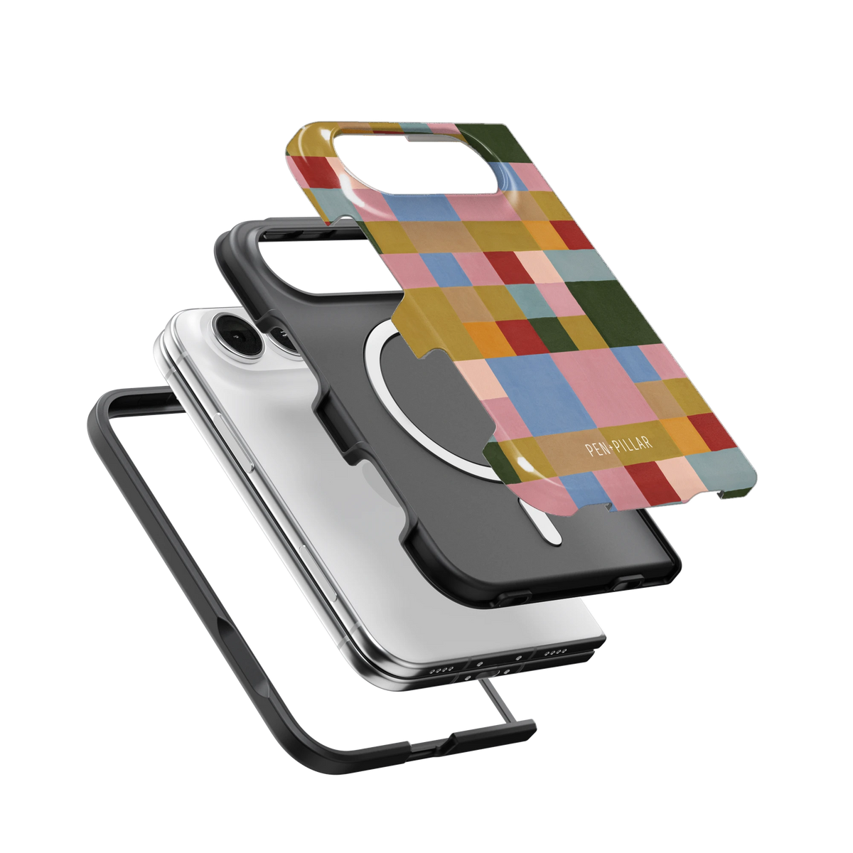 Colorblock iPhone 18 Duo case, exploded view of the printed shell, black inner layer with MagSafe ring, and phone