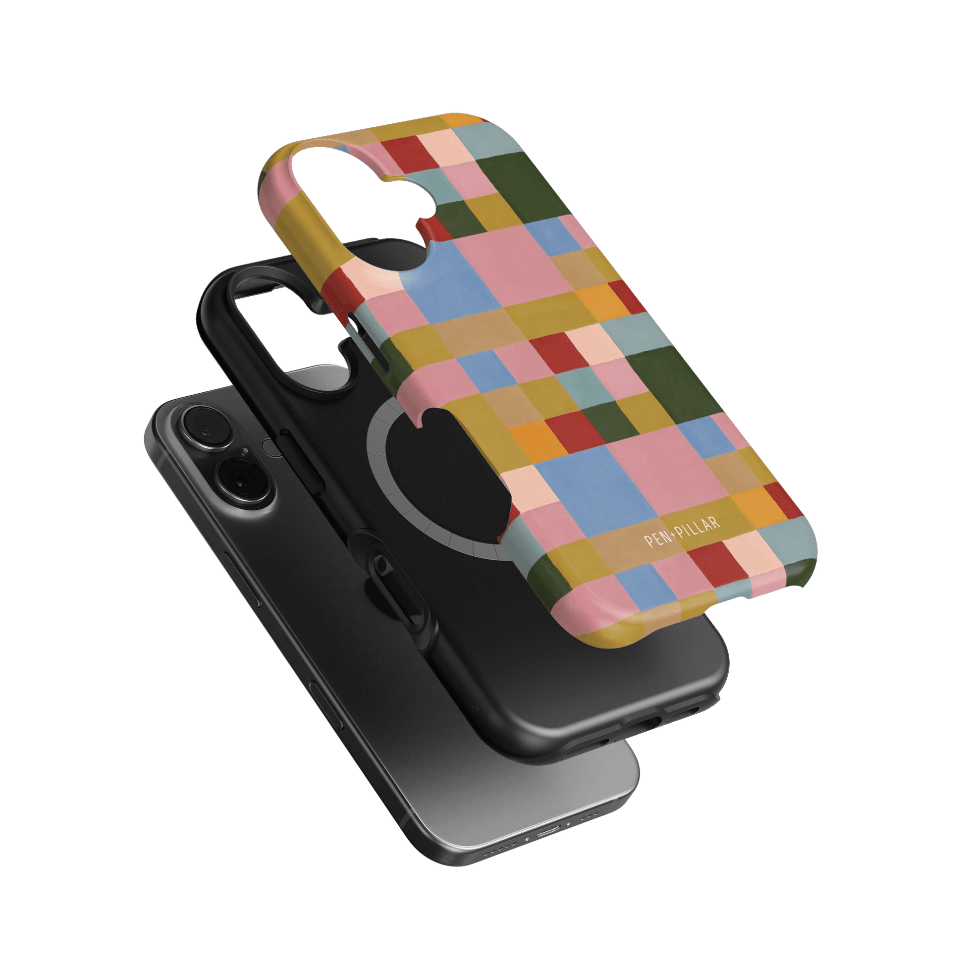 Colorblock iPhone case featuring a multicolored geometric design with pink, green, and blue squares on a black background.