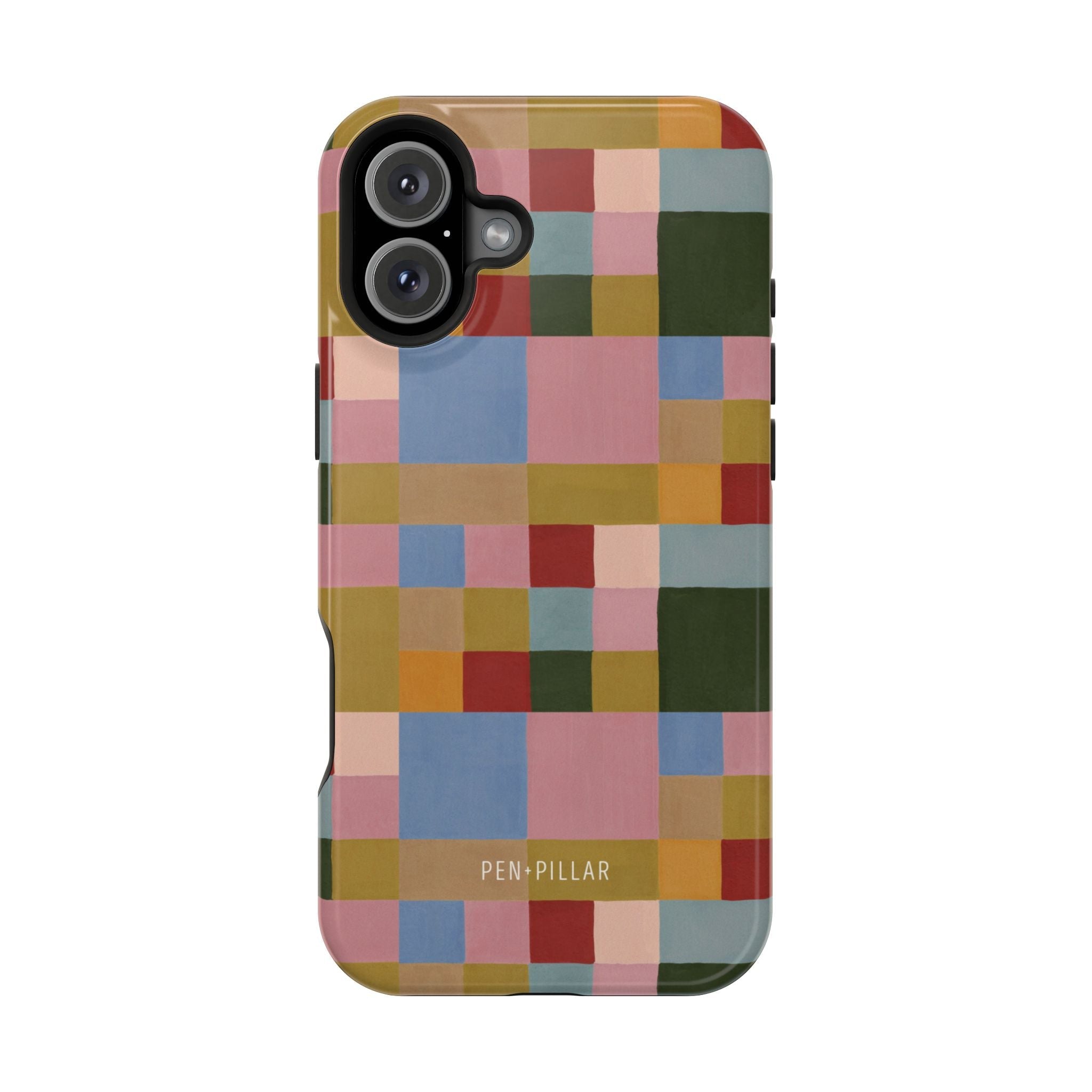 Colorblock iPhone case featuring a geometric pattern in various pastel colors with a glossy finish.