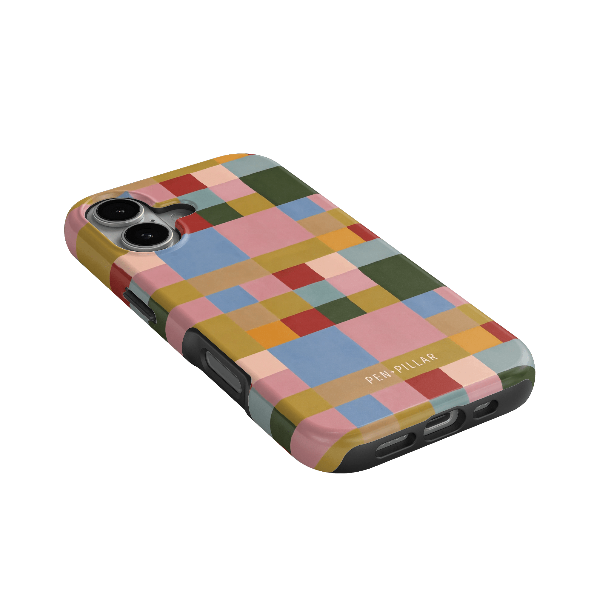 Colorblock iPhone case featuring a geometric pattern in pink, green, blue, and yellow on a black background.