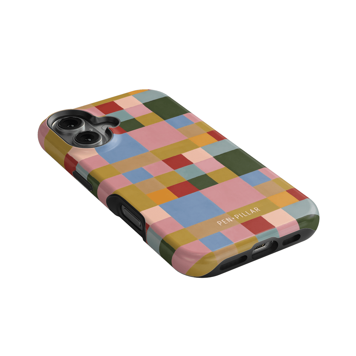 Colorblock iPhone case featuring a vibrant geometric pattern in pink, green, yellow, and blue tones.