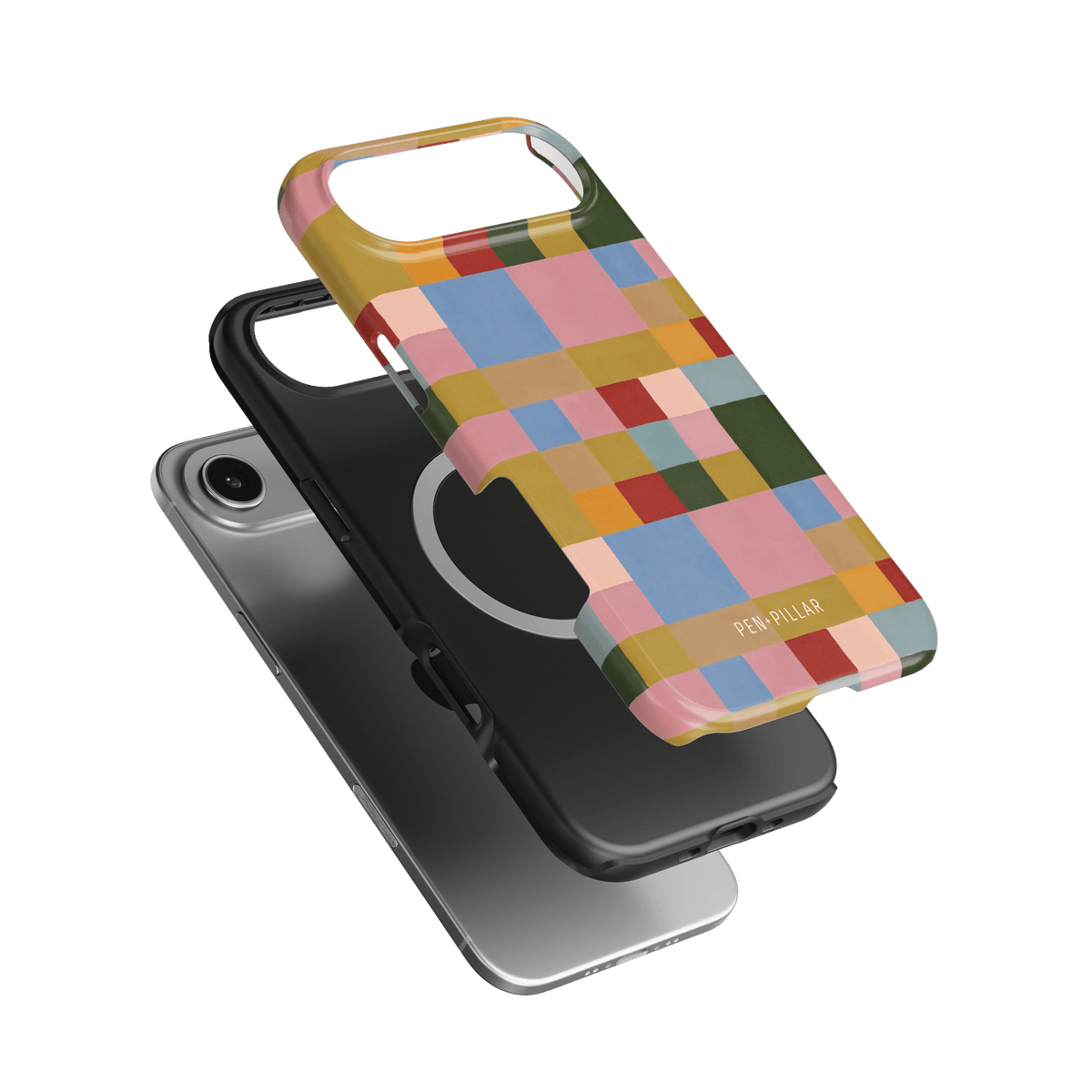Colorblock iPhone case featuring a vibrant geometric pattern in pink, blue, green, and yellow on a black background.