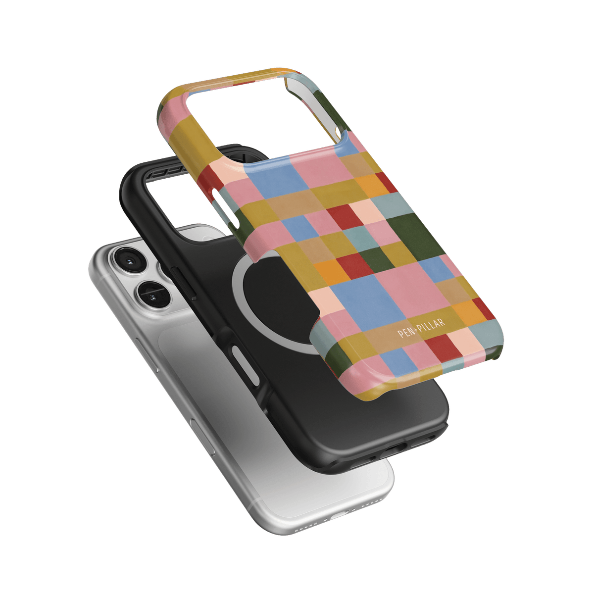 Colorblock iPhone case featuring a multicolored design with squares, layered over a black and silver case.