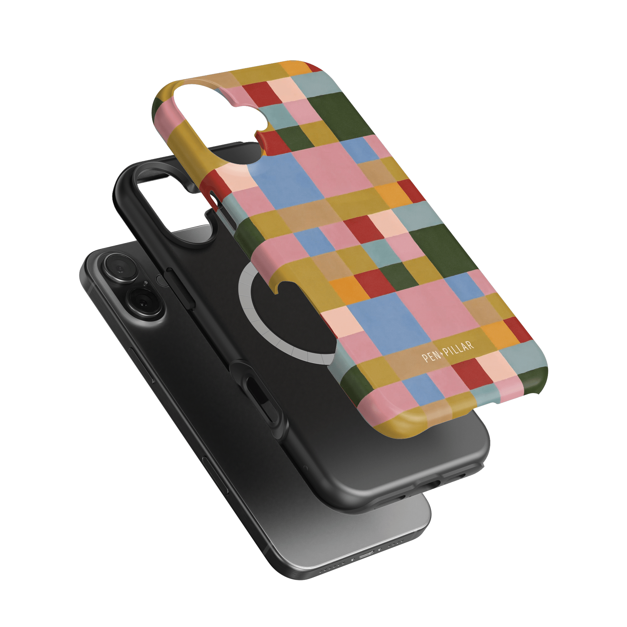 Colorblock iPhone case featuring a vibrant geometric pattern in various colors, layered over a black phone.