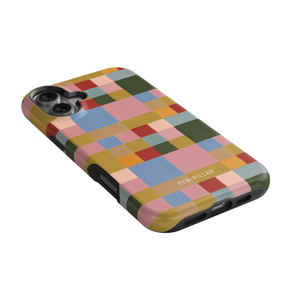 Colorblock iPhone case featuring a vibrant patchwork design in pink, green, yellow, and blue hues.