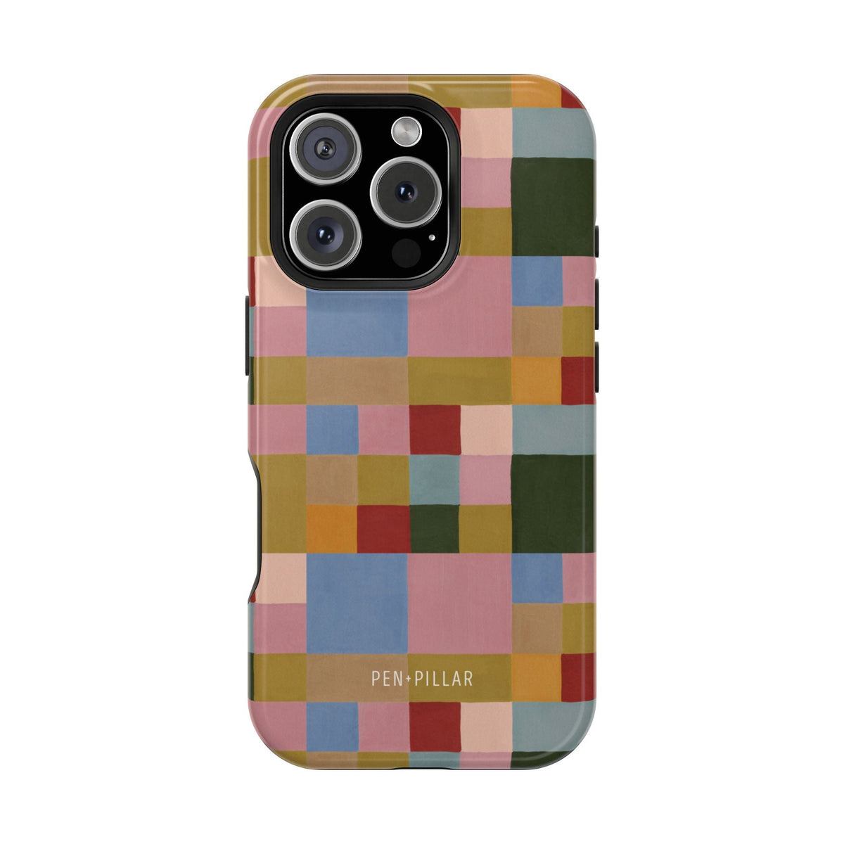 Colorblock iPhone case featuring a geometric pattern in pastel colors, including pink, green, and blue.