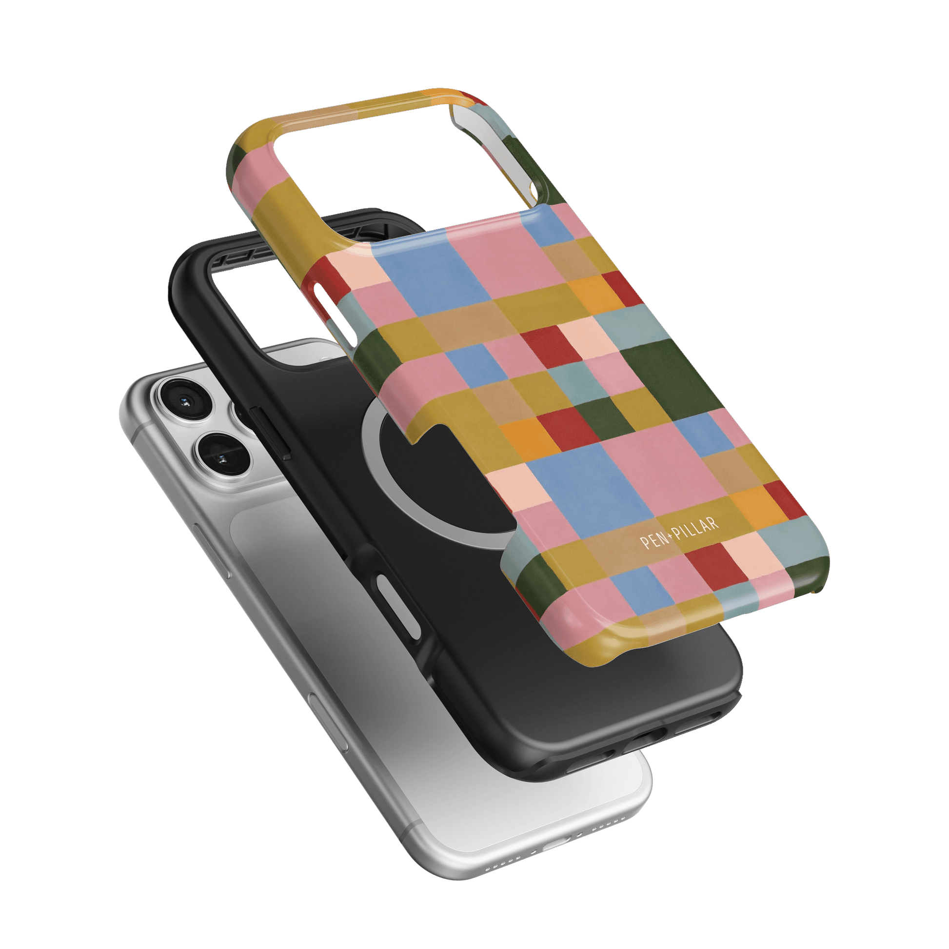 Colorblock iPhone case featuring a multicolored geometric design with a black and silver base.