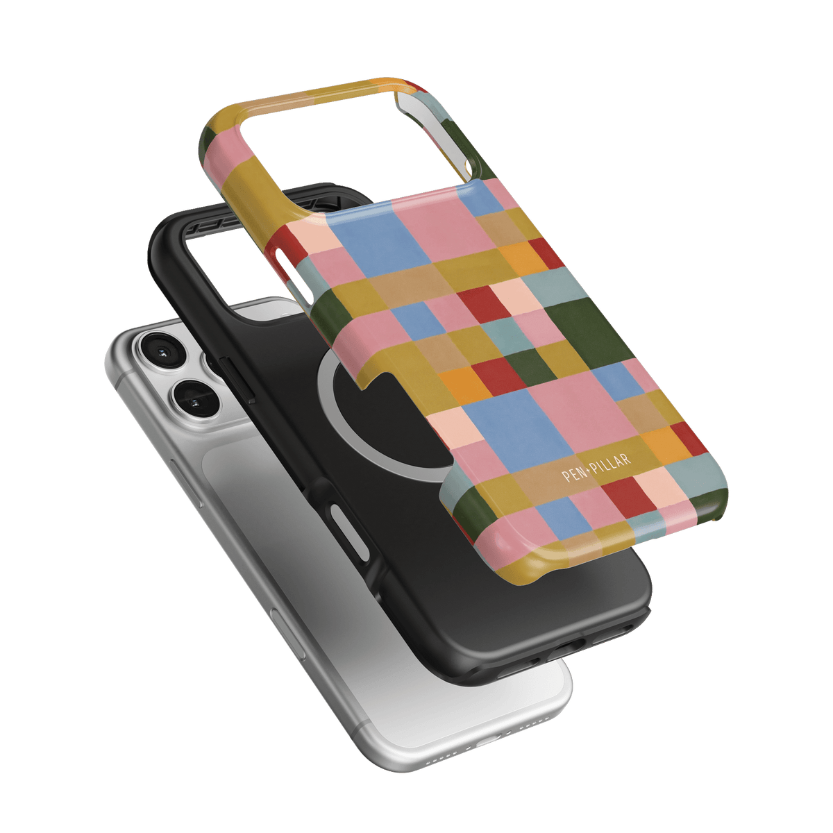 Colorblock iPhone case featuring a multicolored geometric design with a black and silver base.