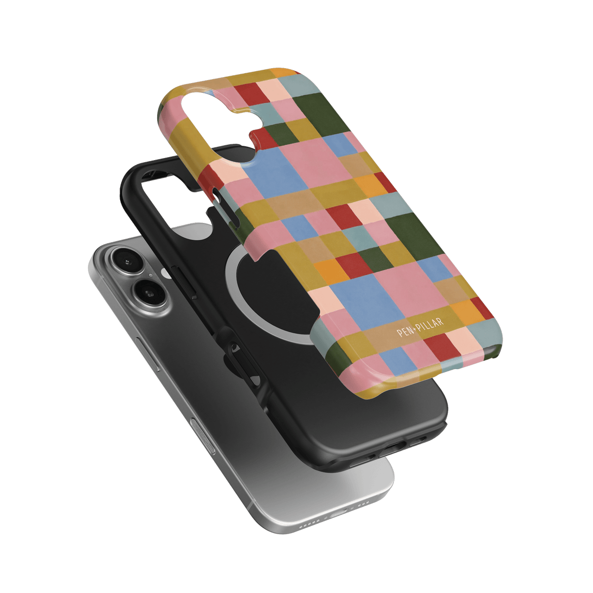 Colorblock iPhone case featuring a vibrant geometric design in various colors, layered over a black phone case.