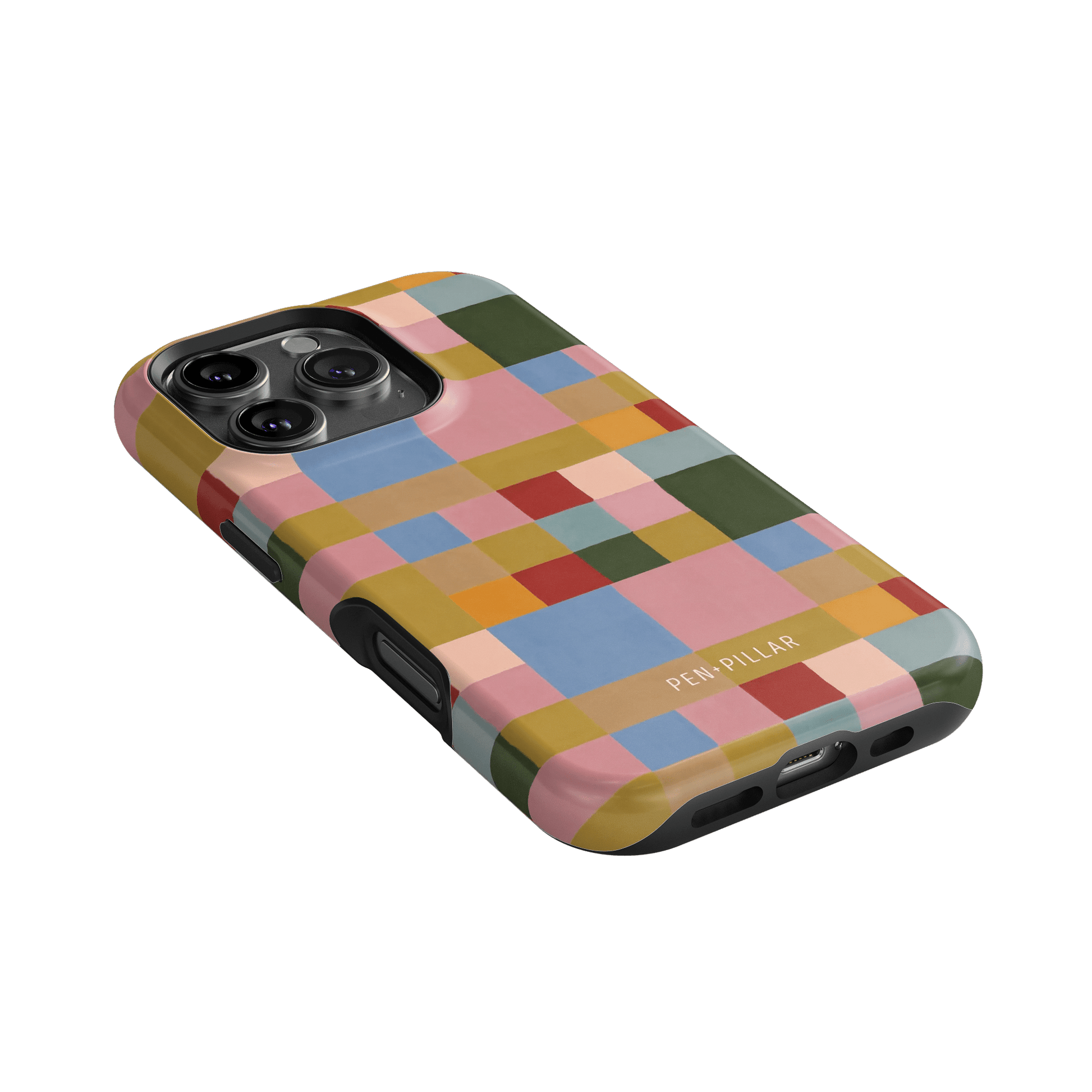 Colorblock iPhone case featuring a geometric pattern in pink, green, yellow, and blue with a matte finish.