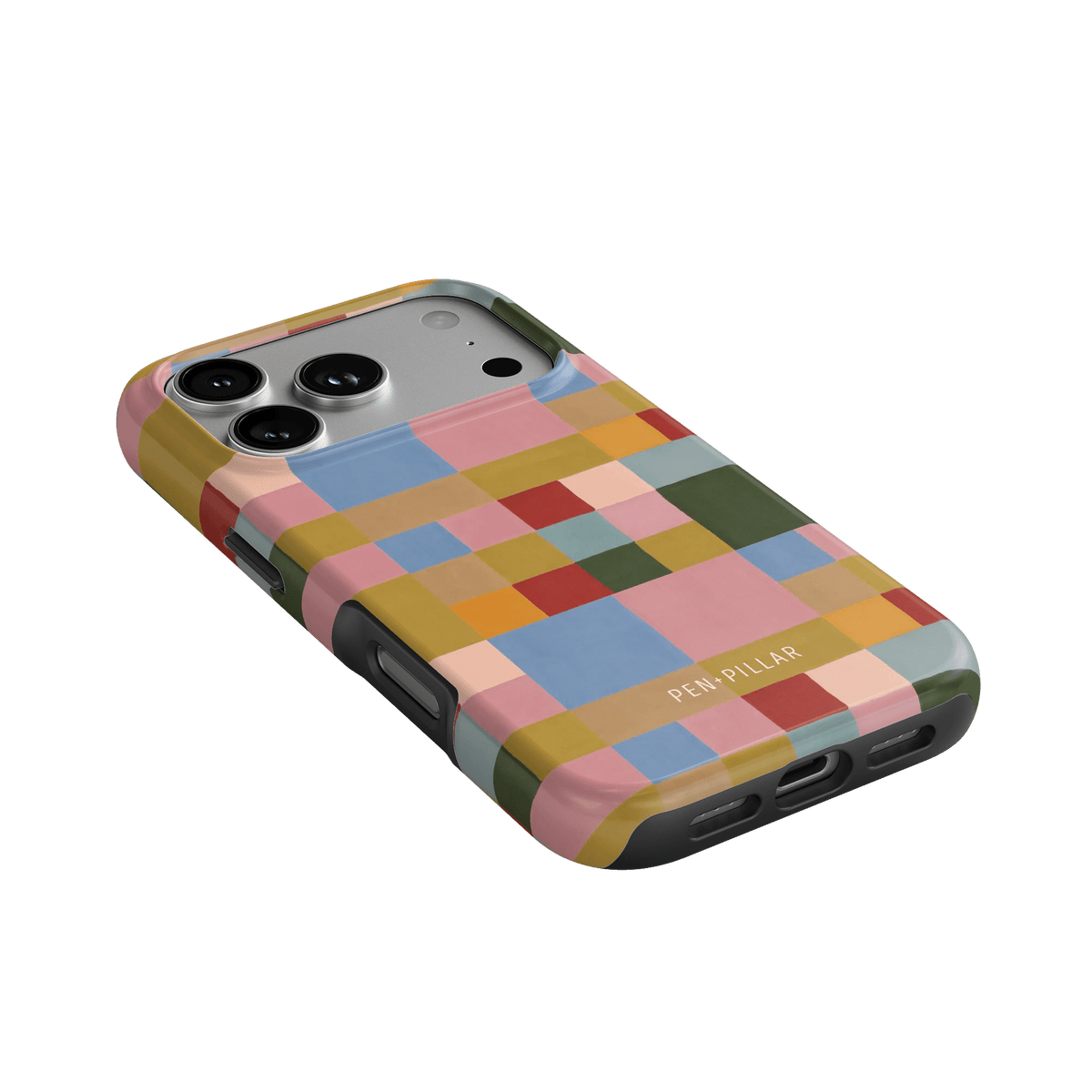 Colorblock iPhone case featuring a vibrant pattern of pink, blue, green, and yellow squares on a black edge.