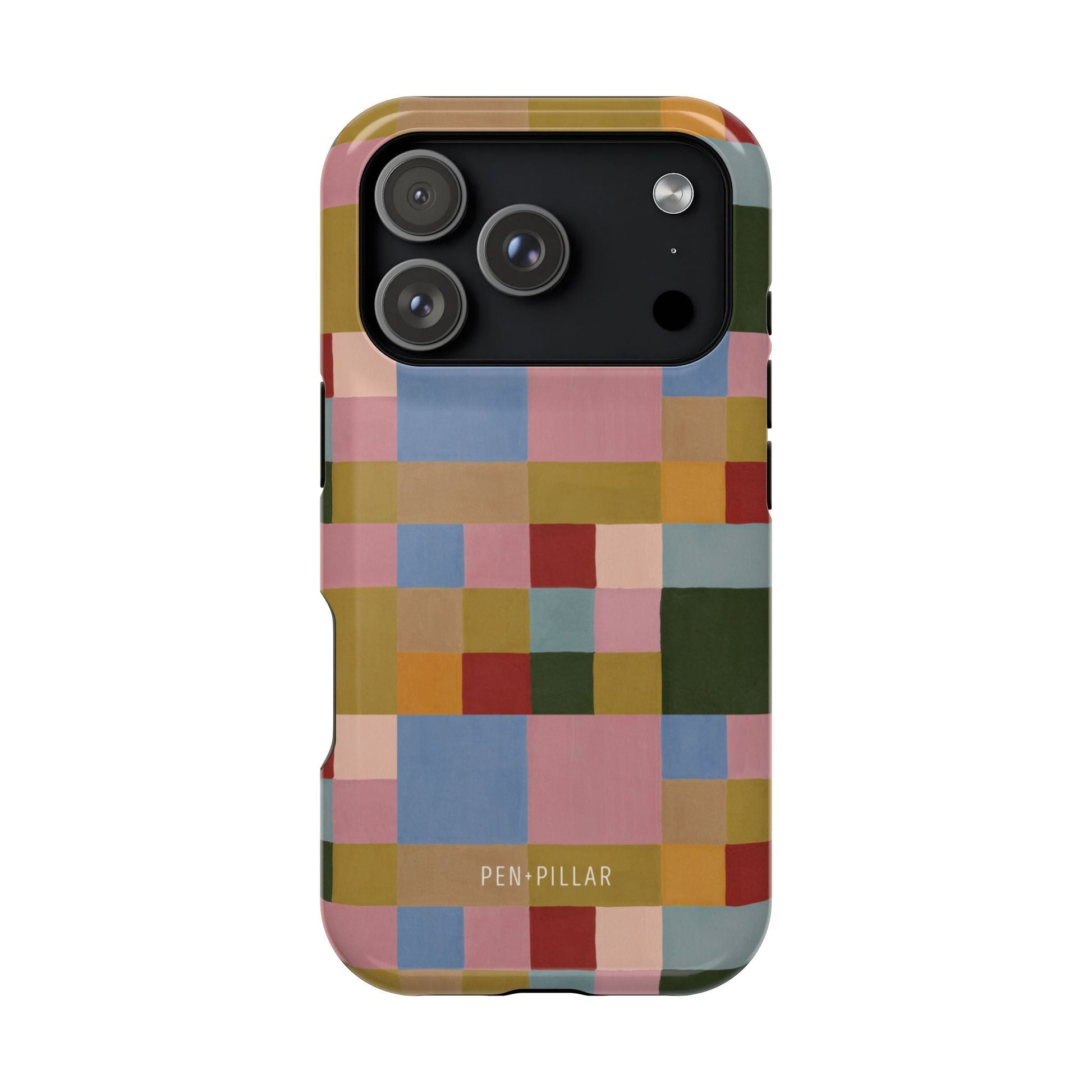 Colorblock iPhone case featuring a geometric pattern in pastel colors, including pink, green, and blue.