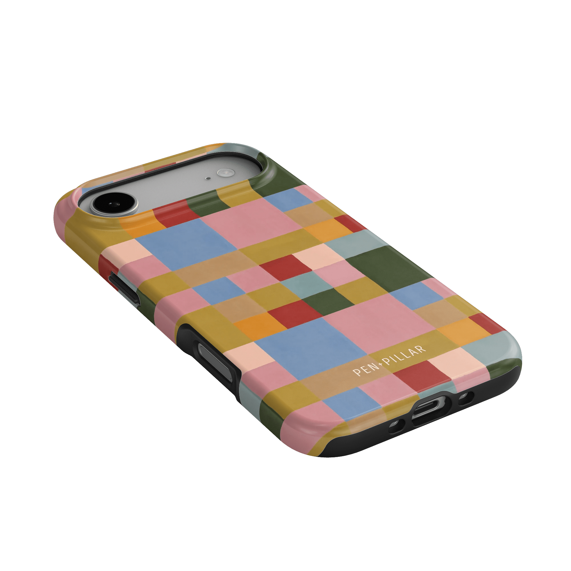 Colorblock iPhone case featuring a geometric pattern in pink, green, blue, and yellow hues with a black border.