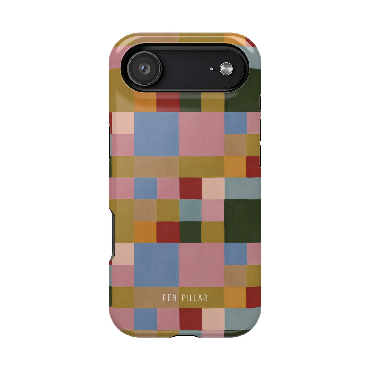 Colorblock iPhone case featuring a geometric pattern in various colors including green, pink, blue, and orange.