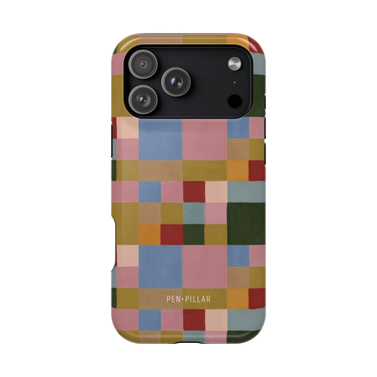 Colorblock iPhone case featuring a geometric pattern in pastel colors with a glossy finish.