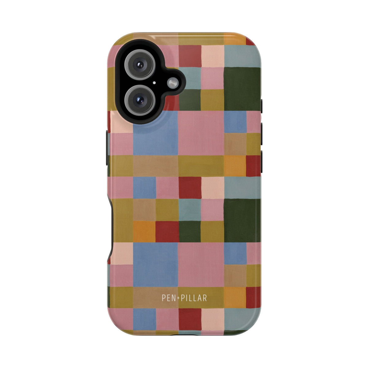 Colorblock iPhone case featuring a geometric pattern in various colors, including green, pink, and blue.