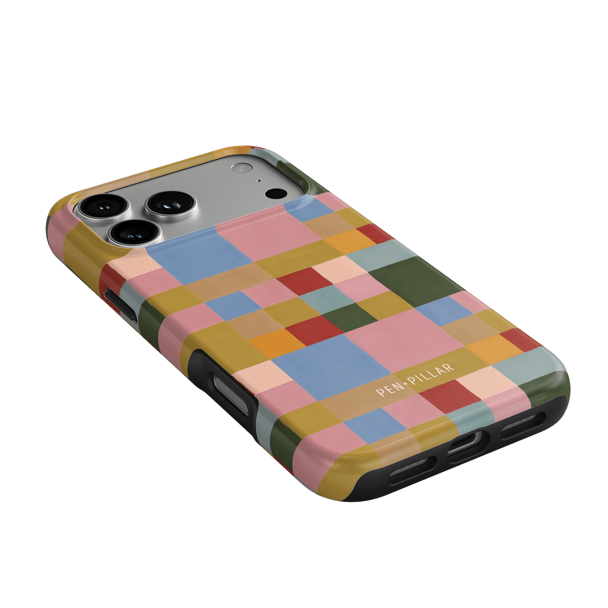 Colorblock iPhone case featuring a geometric pattern in pink, blue, green, and yellow with a matte finish.