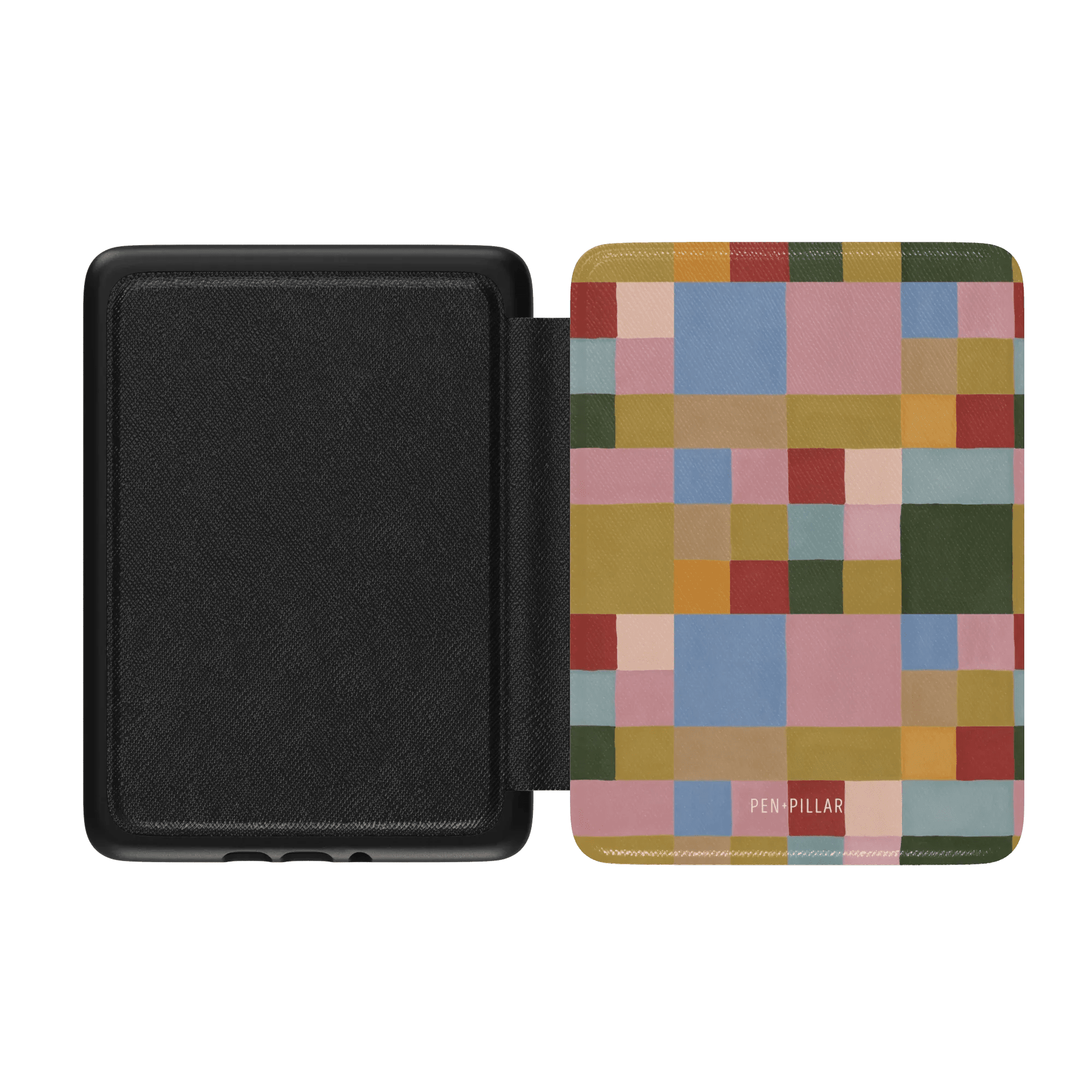 Colorblock Kindle case featuring a geometric pattern in pastel and earthy tones, with a black interior.