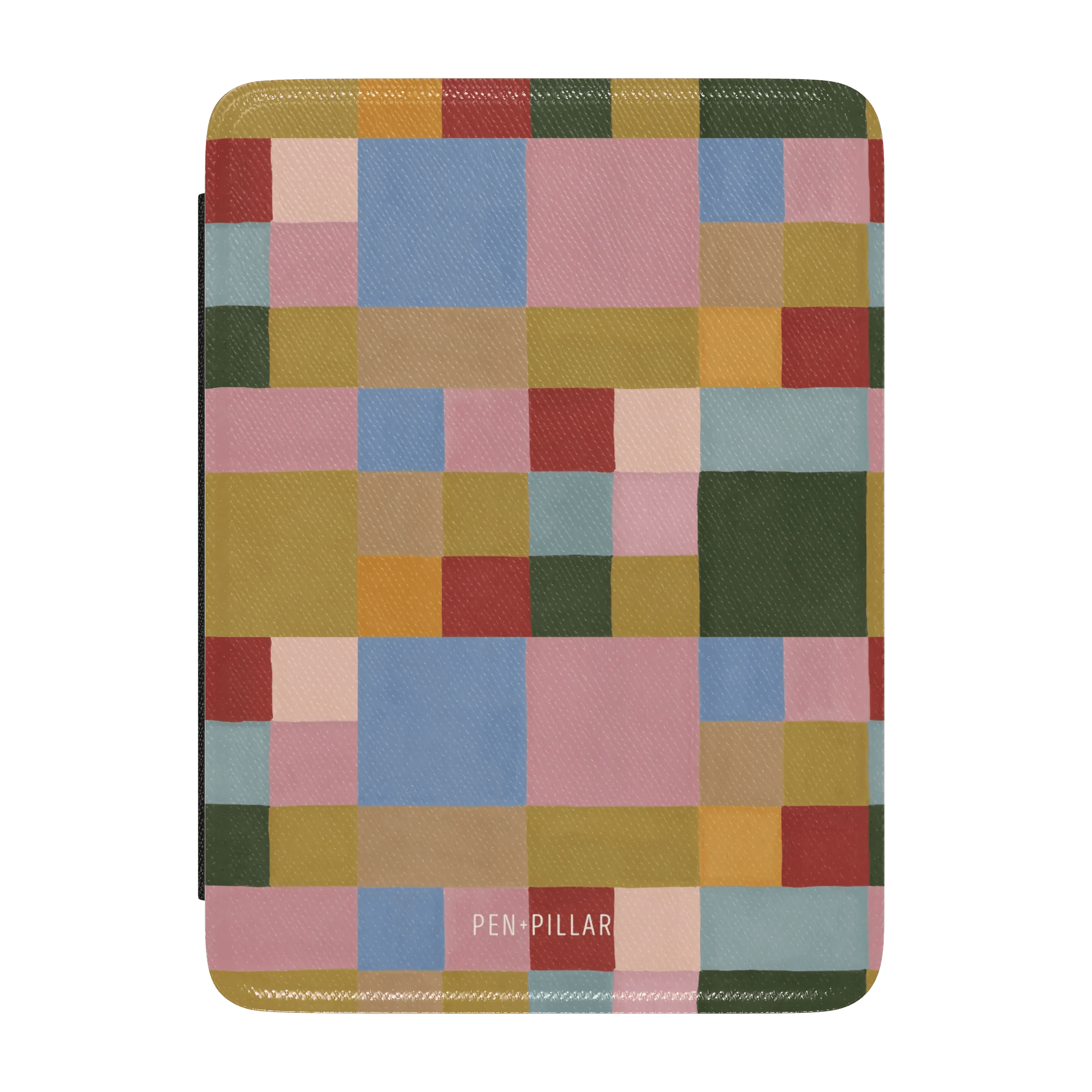 Colorblock Kindle case featuring a geometric pattern in various colors including green, pink, blue, and yellow.
