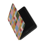 Colorblock Kindle case with a multicolored geometric design, partially open, revealing the Kindle device inside.