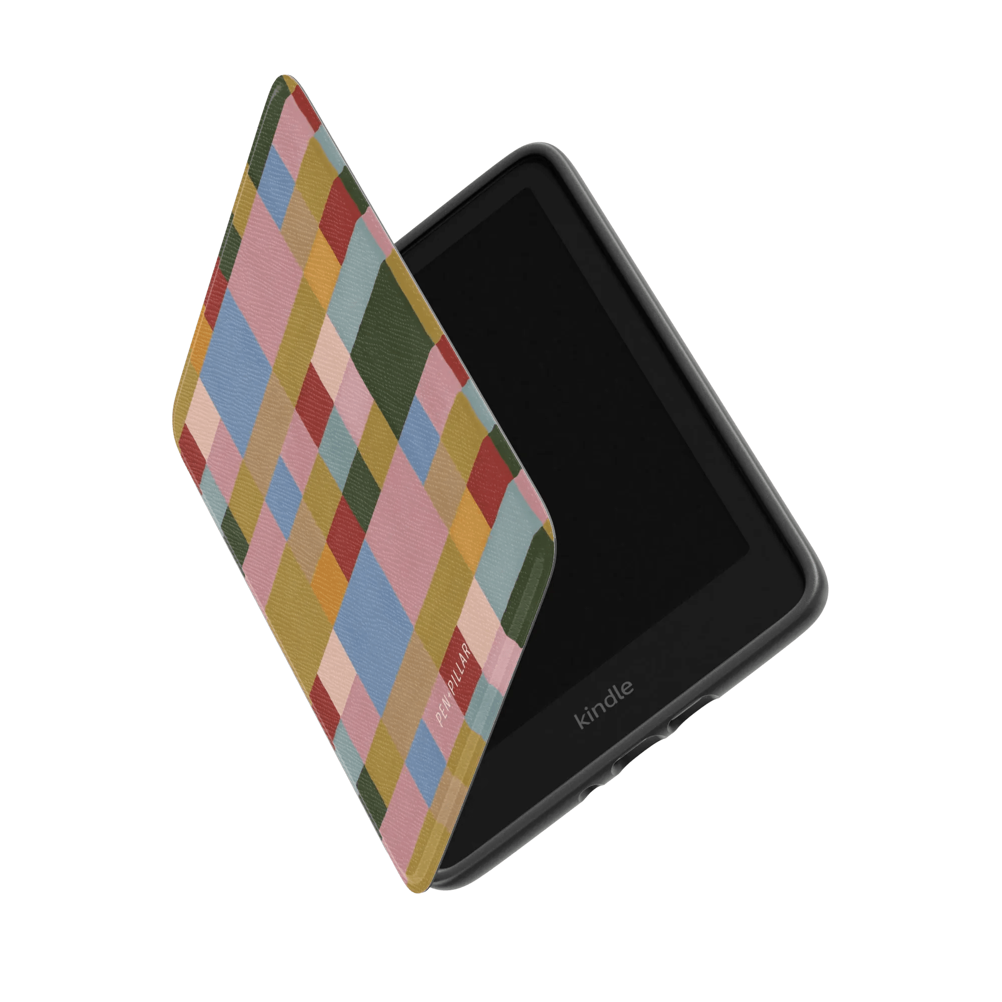 Colorblock Kindle case with a multicolored geometric design, partially open, revealing the Kindle device inside.