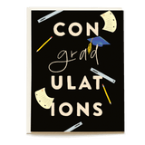 Congradulations card featuring bold text, a graduation cap, and school supplies on a black background.