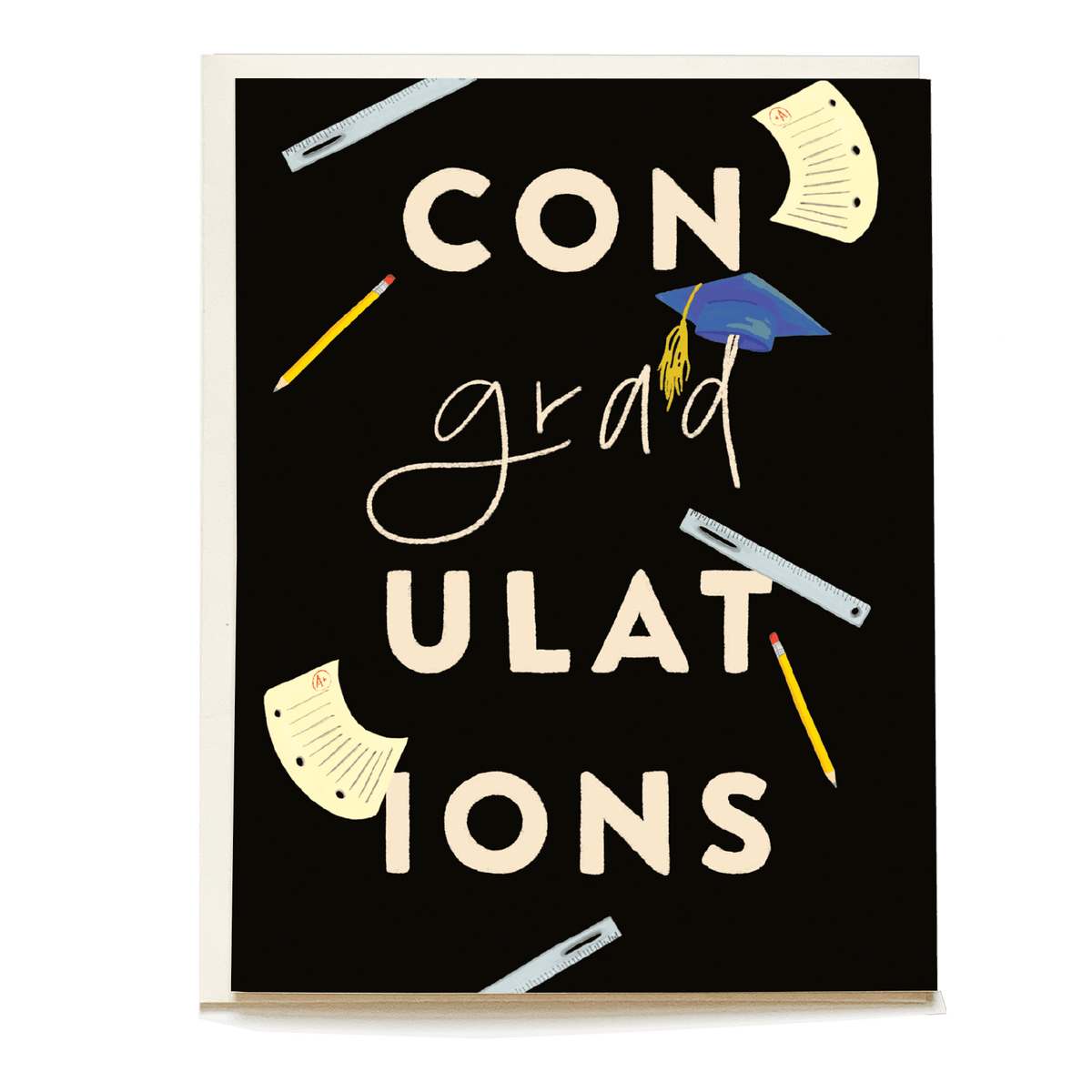 Congradulations card featuring bold text, a graduation cap, and school supplies on a black background.