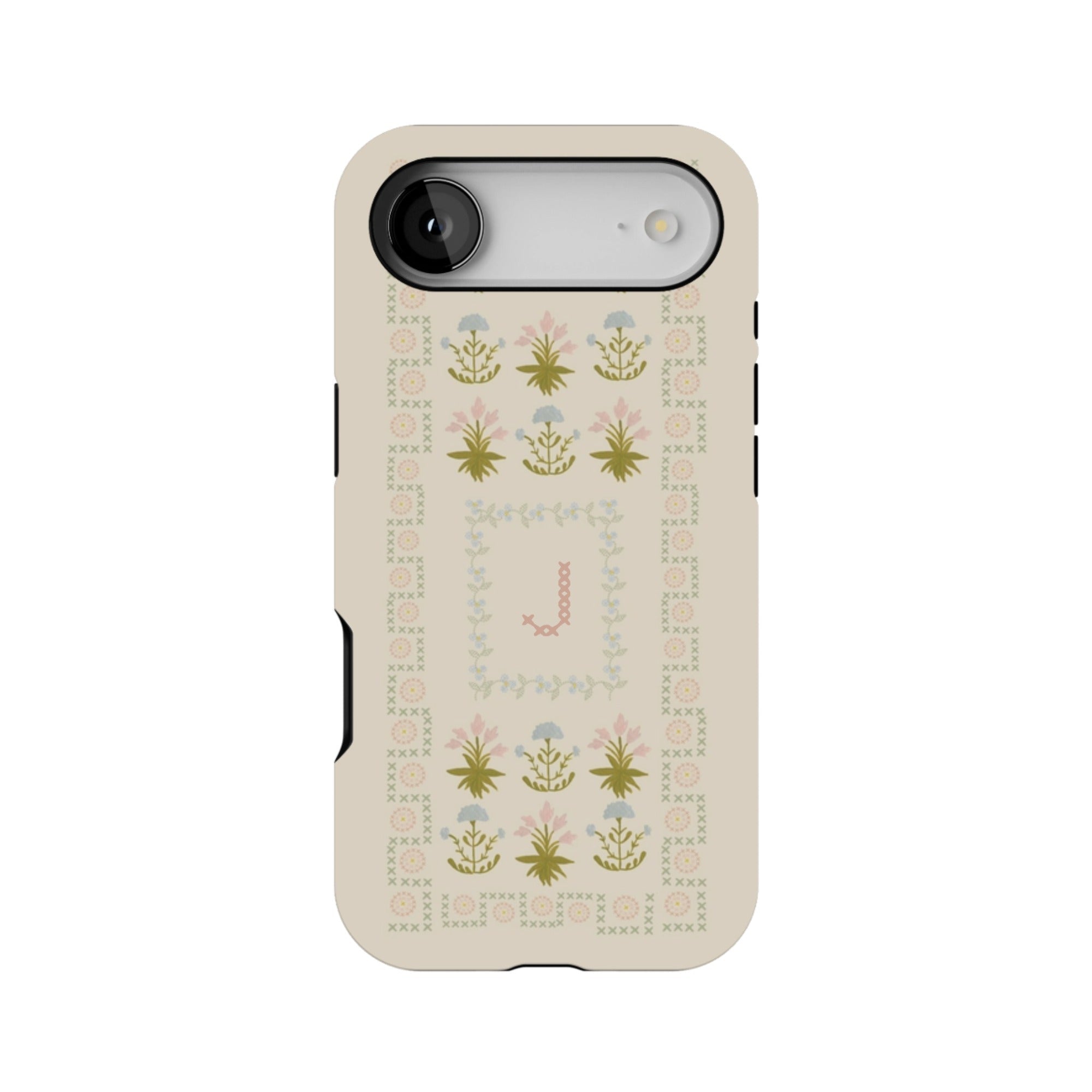 Cora personalized iPhone case featuring a floral design in soft colors on a light background.