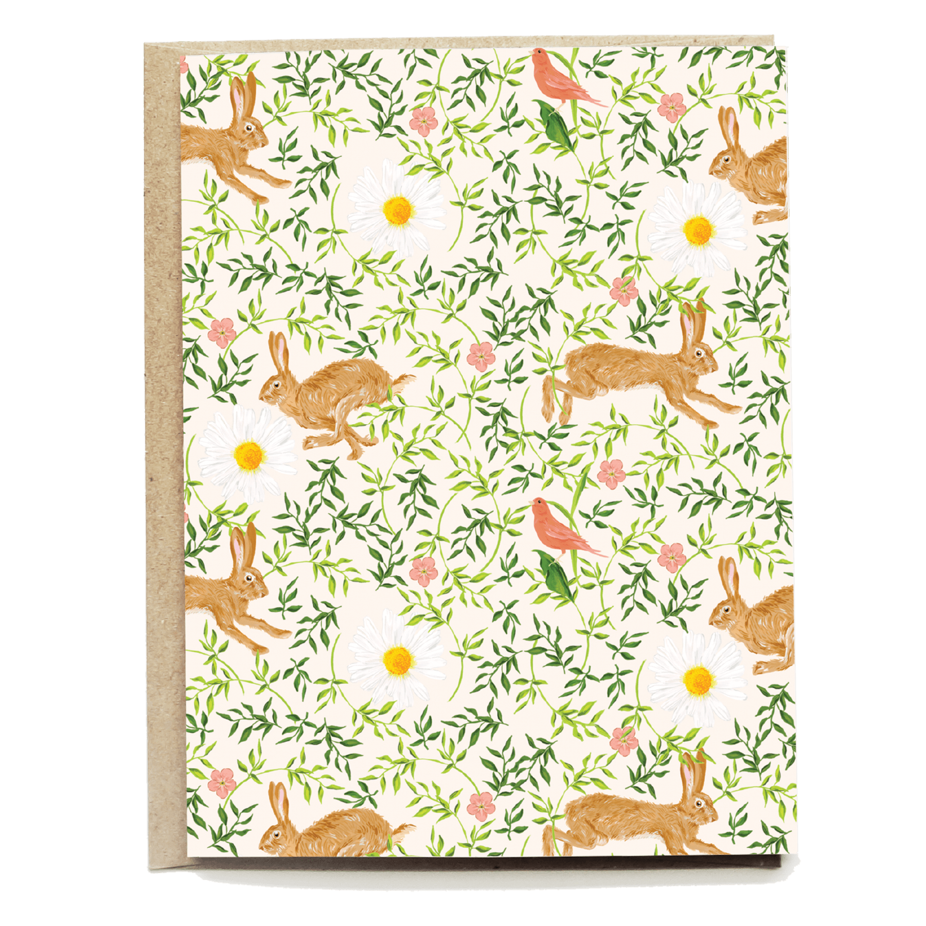 Countryside blank card featuring rabbits, flowers, and birds on a cream background with a textured kraft paper edge.