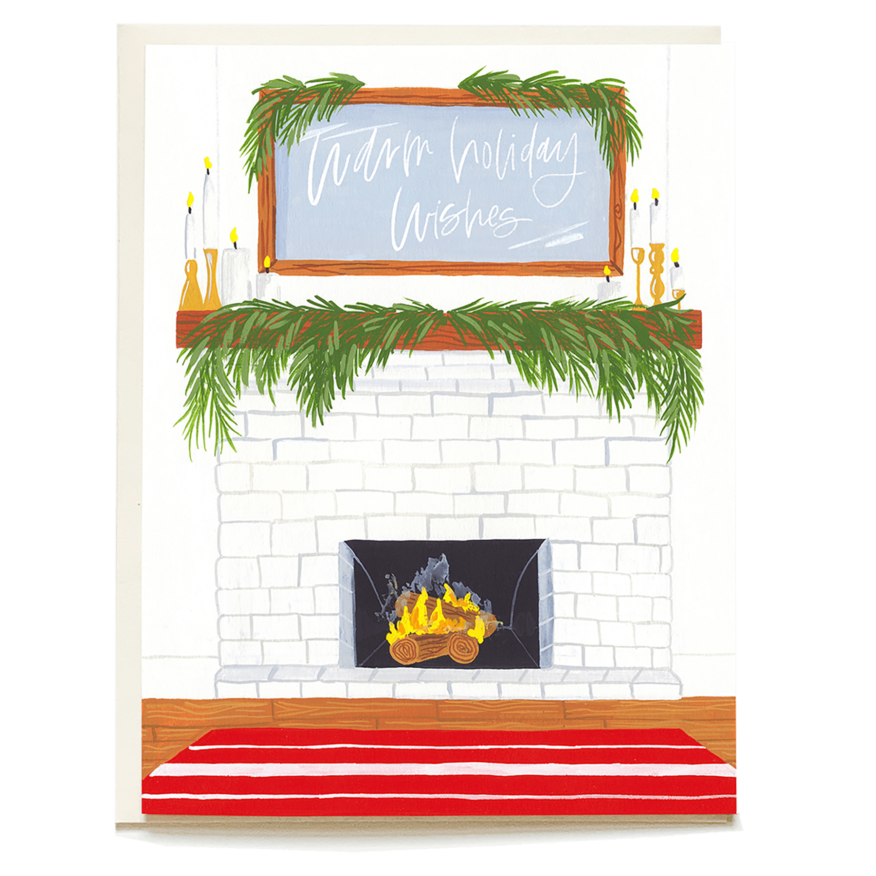 Cozy home holiday card featuring a fireplace, greenery, and the text "Warm holiday wishes" on a decorative mantle.