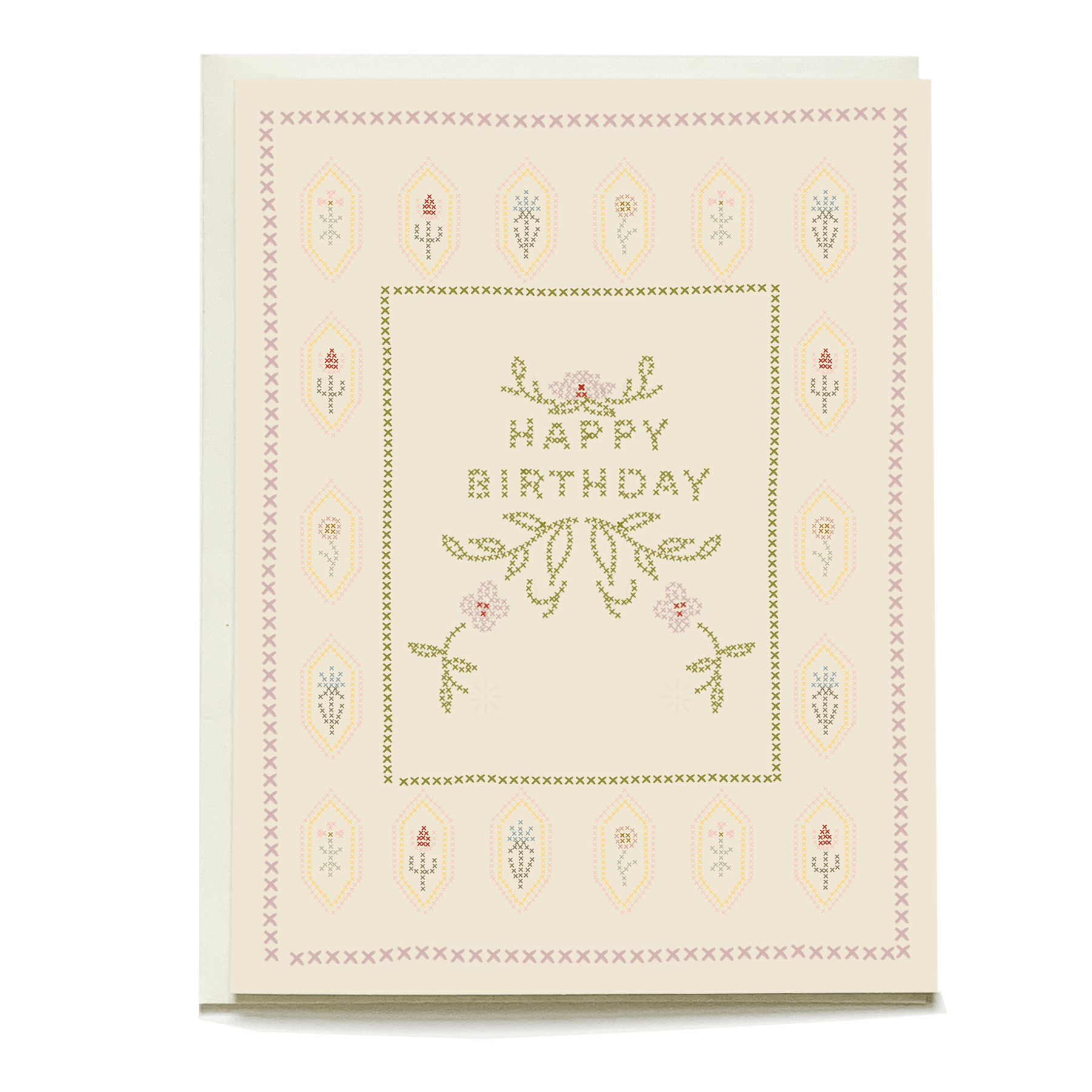 Cross-stitch birthday card featuring "Happy Birthday" text with floral designs and a pastel color scheme.