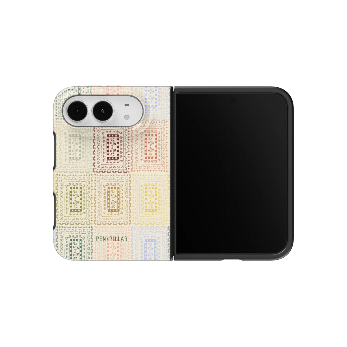Curio iPhone 18 Duo case on an unfolded iPhone 18 Duo, back and screen side by side: pastel mosaic and lace-like tile squares on cream