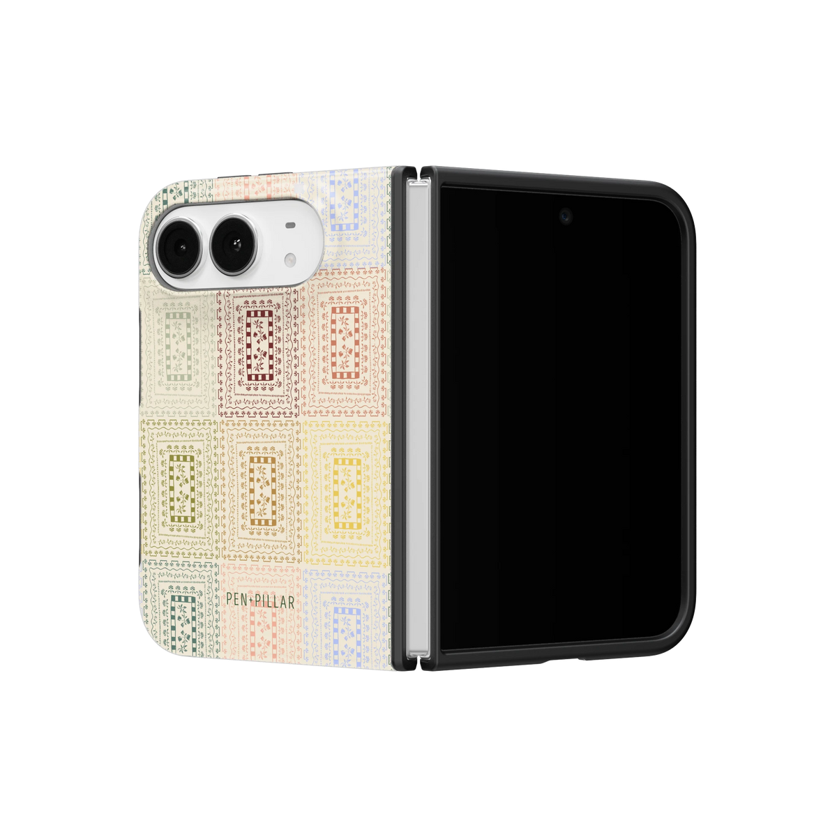 Curio iPhone 18 Duo case on a half-open iPhone 18 Duo, angled view