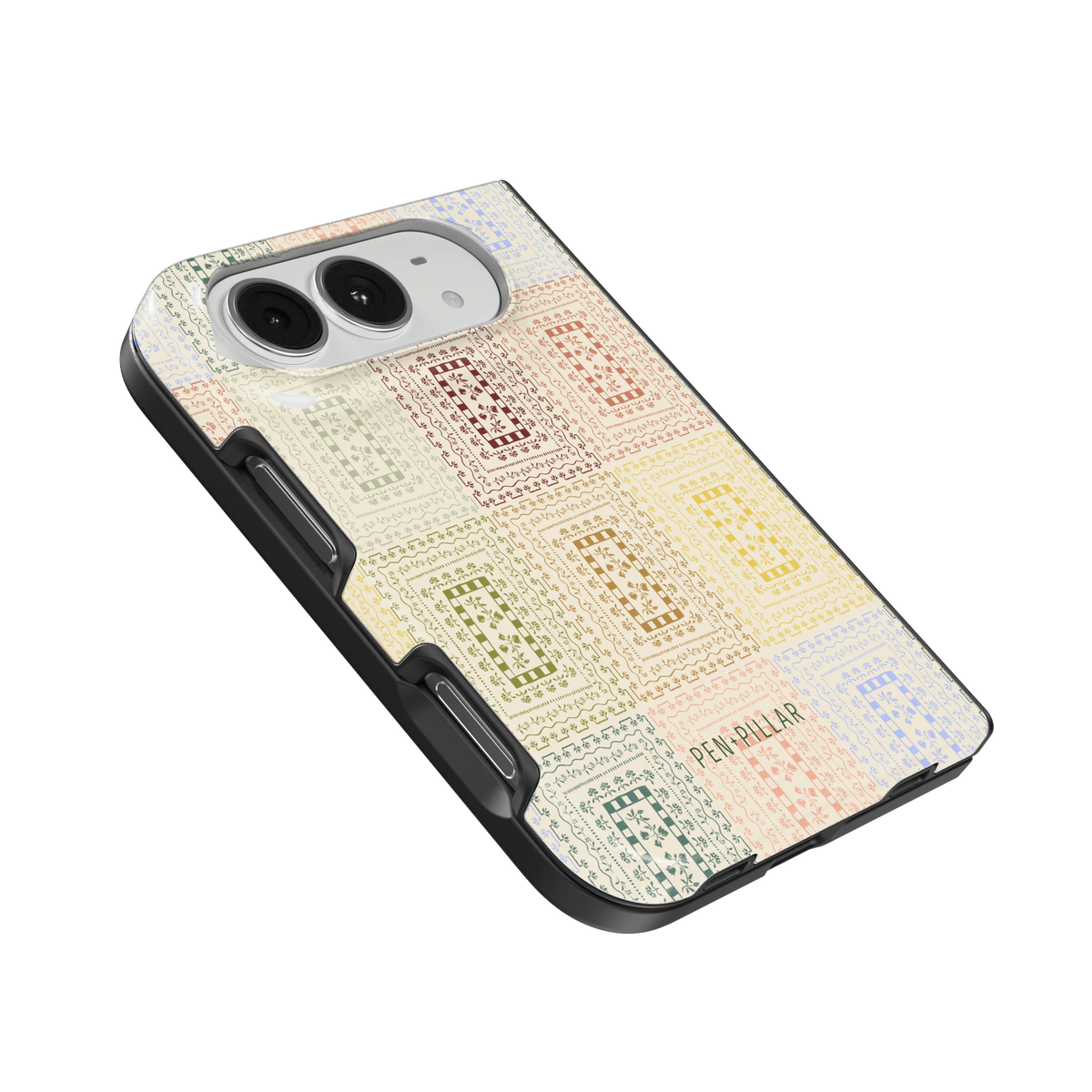 Curio iPhone 18 Duo case, angled view showing the camera surround and side buttons