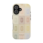 Curio iPhone case featuring a colorful geometric pattern with shades of beige, green, and blue on a white background.