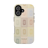 Curio iPhone case featuring a colorful geometric pattern with shades of beige, green, and blue on a white background.