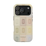 Curio iPhone case featuring a patterned design in pastel colors with a glossy finish and cutouts for camera and buttons.