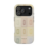 Curio iPhone case featuring a patterned design in pastel colors with a glossy finish and cutouts for camera and buttons.